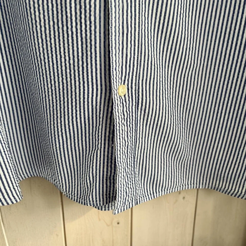 Vintage Seersucker Button Up Shirt Men's XXL Blue White Stripes Classic Preppy